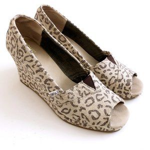 Toms Women's Animal Print Canvas Peep Toe Wedge 9